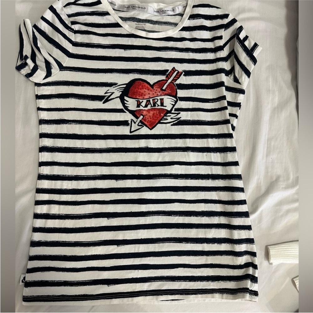 Karl Lagerfeld Black and White Striped Tee with Red Heart